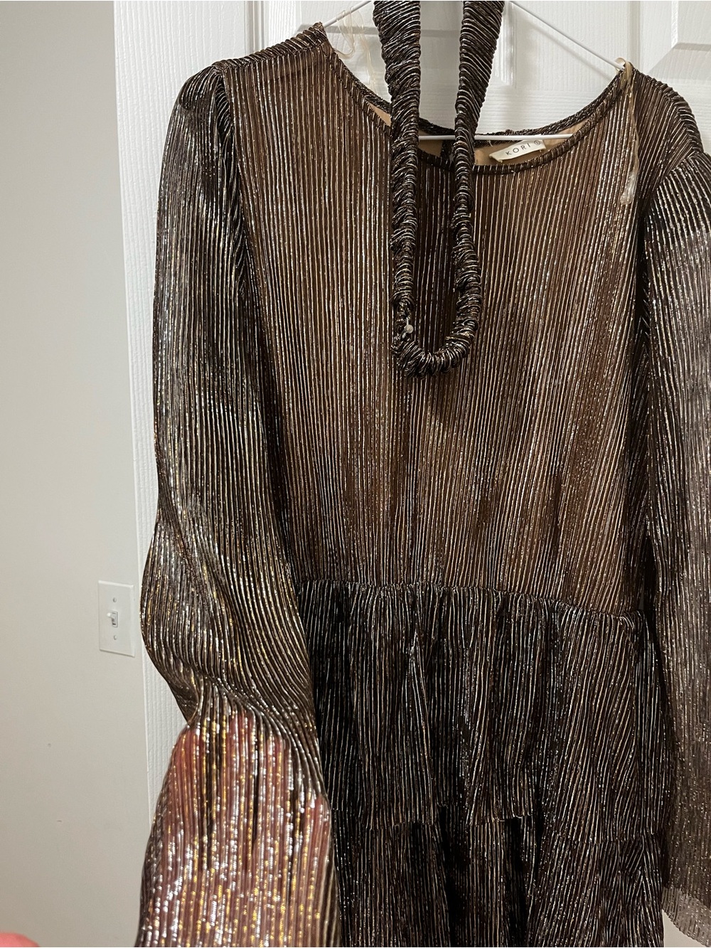 Metallic Pleated Long Sleeve Dress in Bronze